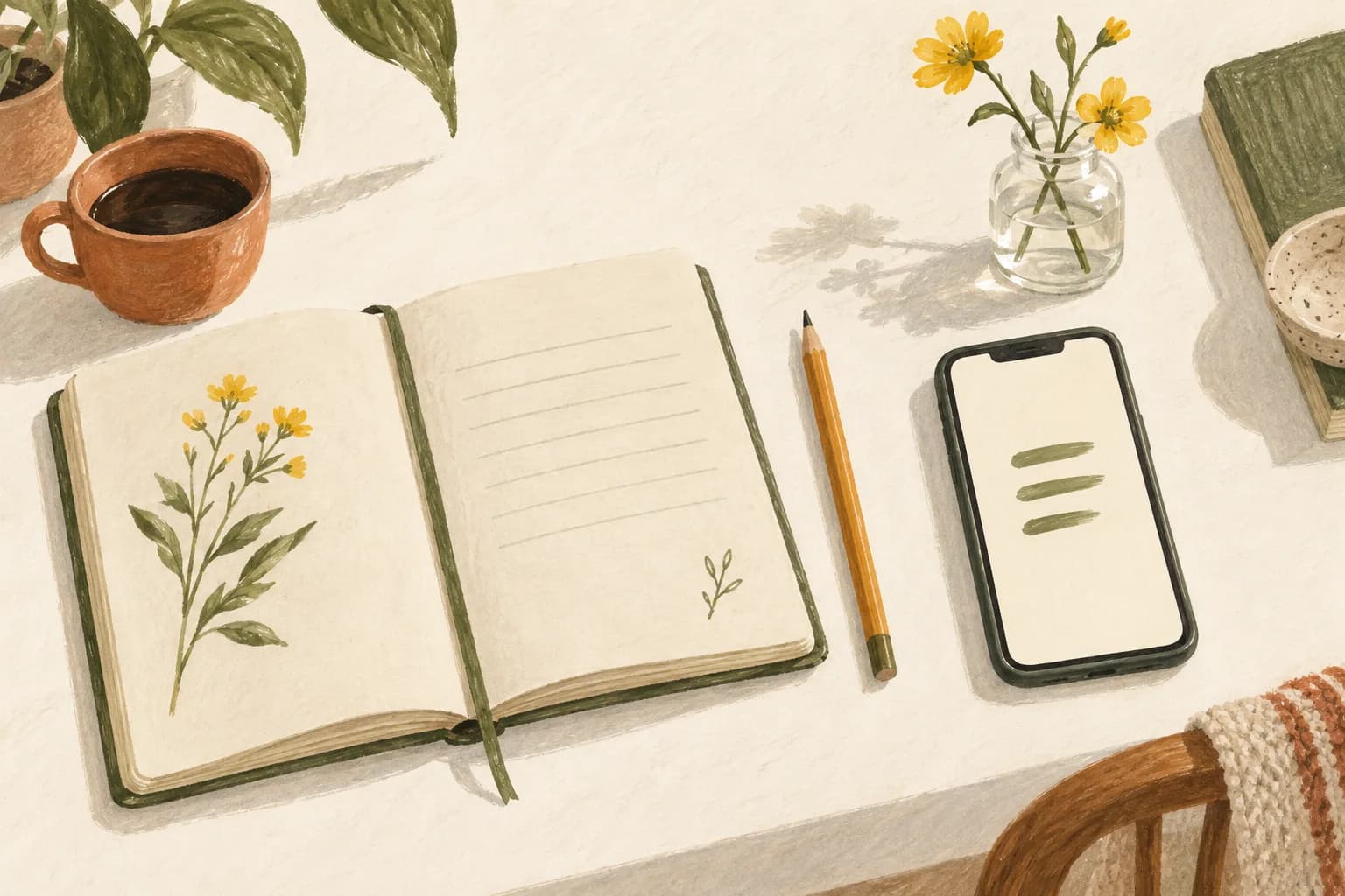Painted illustration of an open notebook and phone side by side with a pencil and yellow flowers