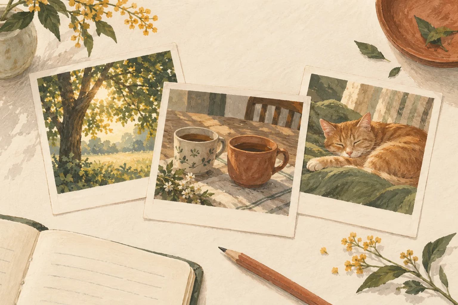 Painted snapshots of a sunlit tree, two mugs and a sleeping ginger cat beside a notebook