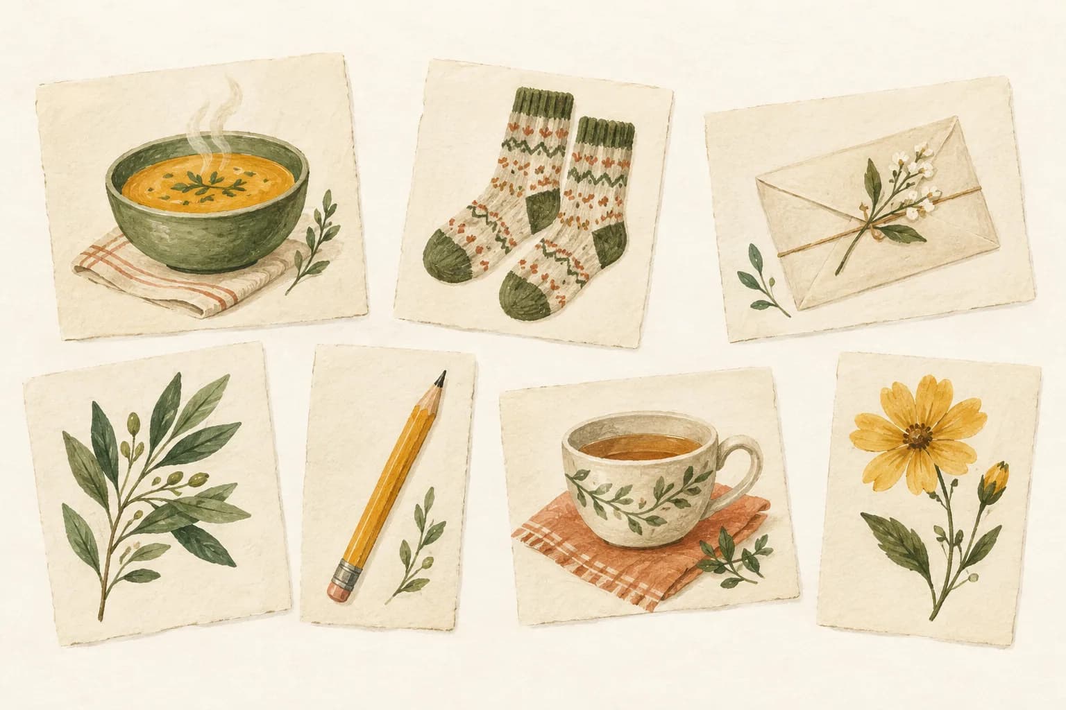 Seven illustrated paper cards showing soup, socks, a letter, leaves, a pencil, tea and a yellow flower