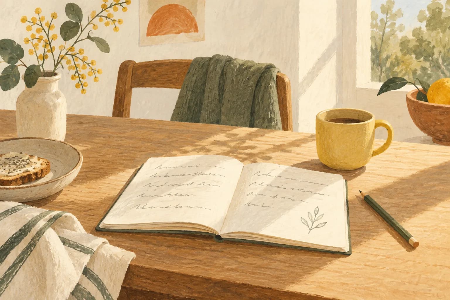 Painted illustration of an open journal, pencil and yellow mug on a sunlit breakfast table
